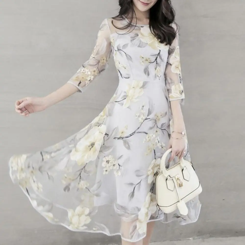 

2021 Elegant Women Floral Print Long Dress O Neck 3/4 Mesh Sleeve Large Swing Double Layer Midi Dress Women's Dress Fashion Robe