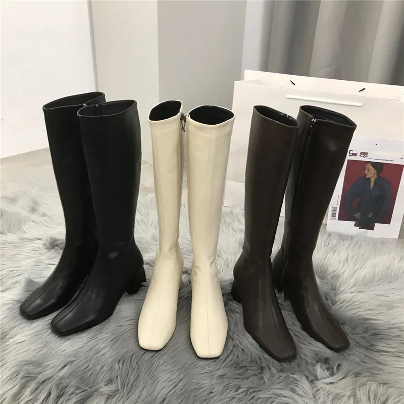 HOT Women Knee High Boots Female Fetish Zipper Knight White Boots Platform Winter Brown Booties Lady Low High Heels Shoes