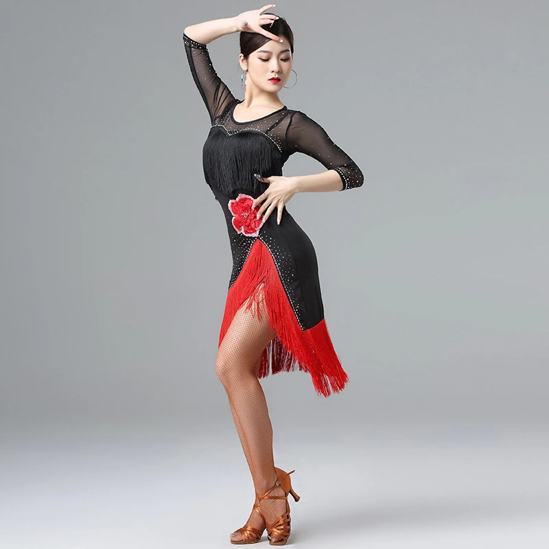 Women Dance Clothes Ballroom Dress Samba Diamond Costume Party Tassels Dresses Stretchy Mesh One-piece Latin Dress Embroidery