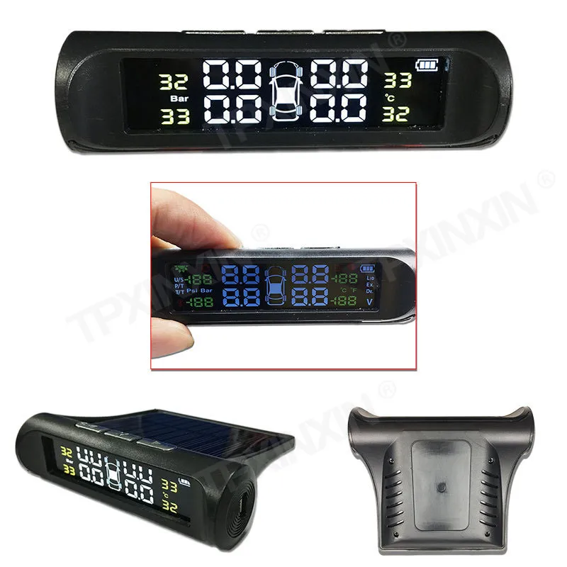 

Car TPMS Wireless Solar Tire Pressure Monitoring System External Sensor Tyre Pressure Detector Realtime Alarm Warning USB Charge