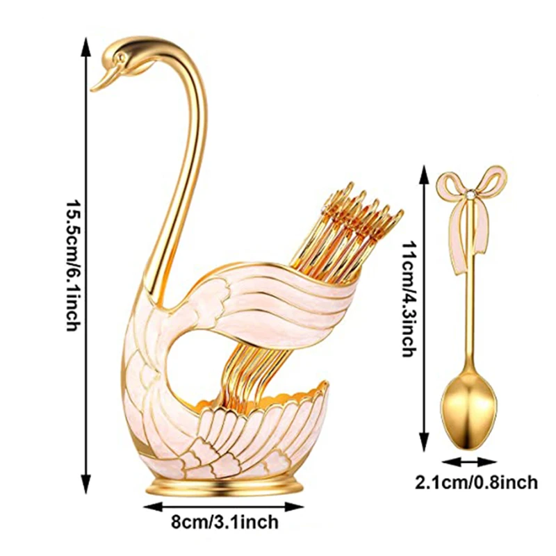 Set porta cucchiaio da caffè con forchetta cigno da 7 pezzi, decorazione cava in metallo per la casa, insalata di frutta, forchetta da dessert,