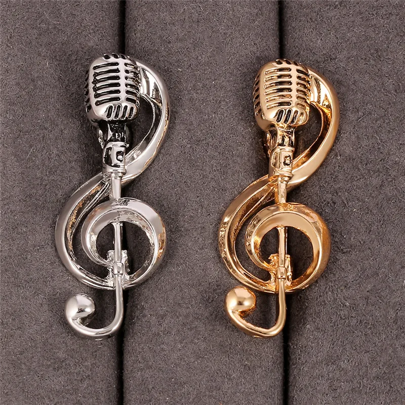 Rock Gold Color Microphone Brooch Pins Music Note Brooches For Women Men Hip Hop Lapel Pin Singer Club Badge Clothes Accessories