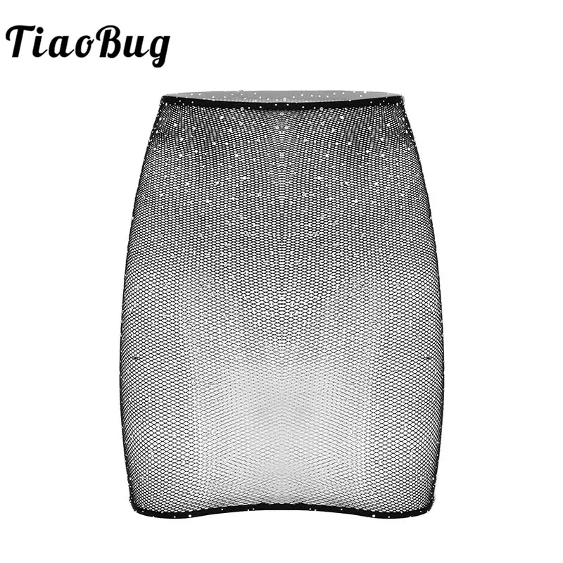 Women Shiny Rhinestones Bodycon Miniskirt See-Through Mesh Sexy Skirts Festival Rave Clothes Beachwear Dancing Costume Clubwear