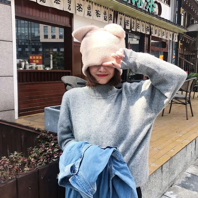 Draping rabbit ears rabbit fur hat women autumn and winter knitted wool hat winter warm Korean version of Japanese hat