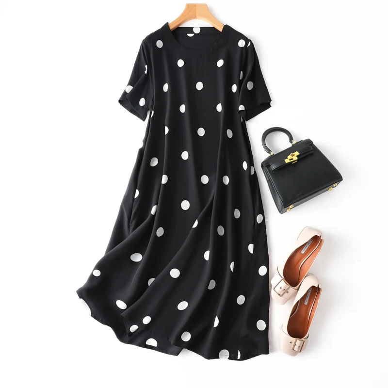 

Women Silk Dress 100% Mulberry Silk loose type round neck short sleeve Midi Dress Black Dots L XL MM003