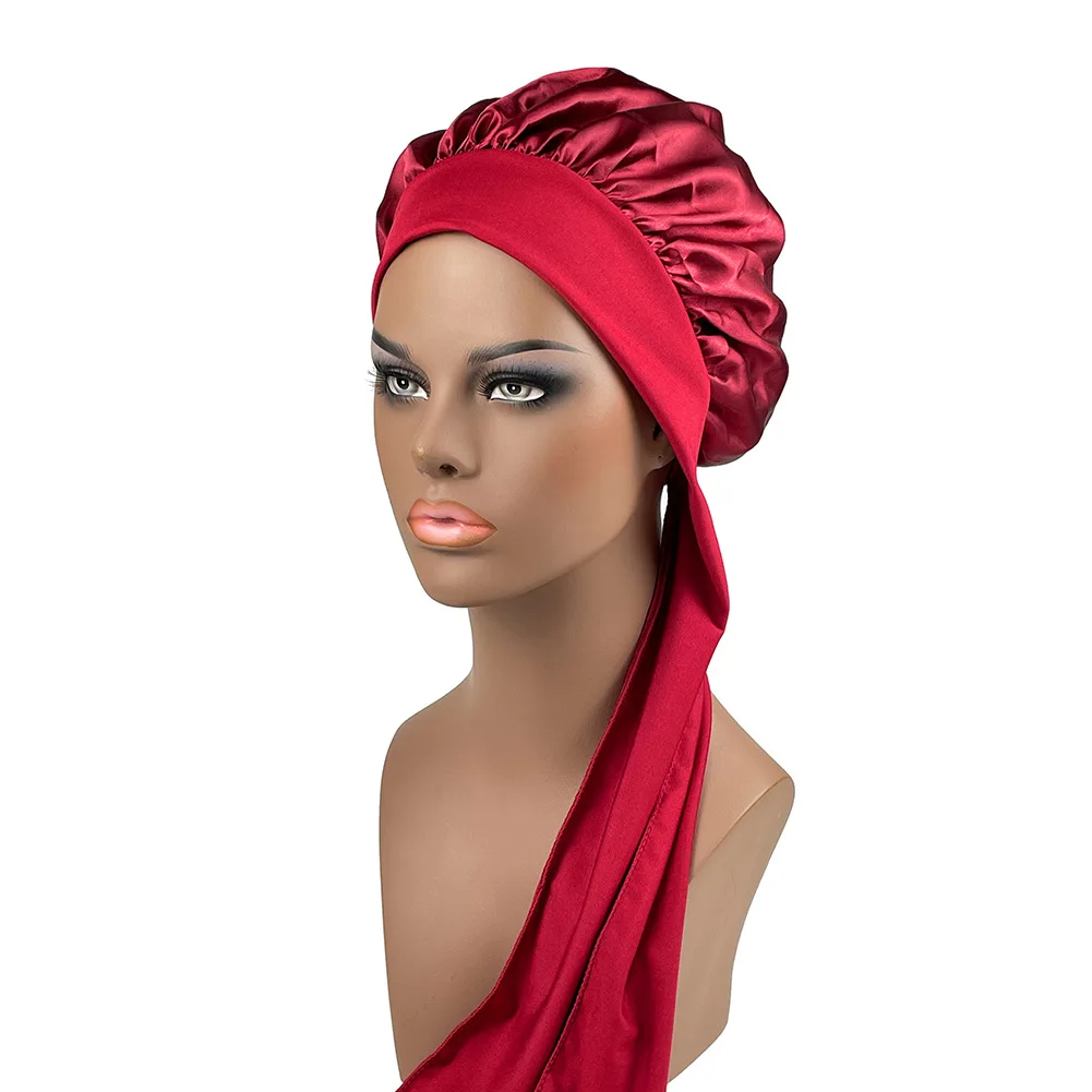 Women Satin Bonnet Spandex Wide Stretchy Band Long Tail Bonnet Satin Cheveux Nuit Silk Sleeping Night Cap Bonnets for Women