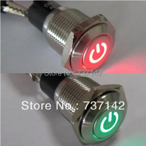 16mm 12V Car Auto Red-Green LED Metal Switch Latching Push Button ON/OFF(PM162F-11ZDT/R-G/12V/S/IP67 with power symbol,CE,ROHS)