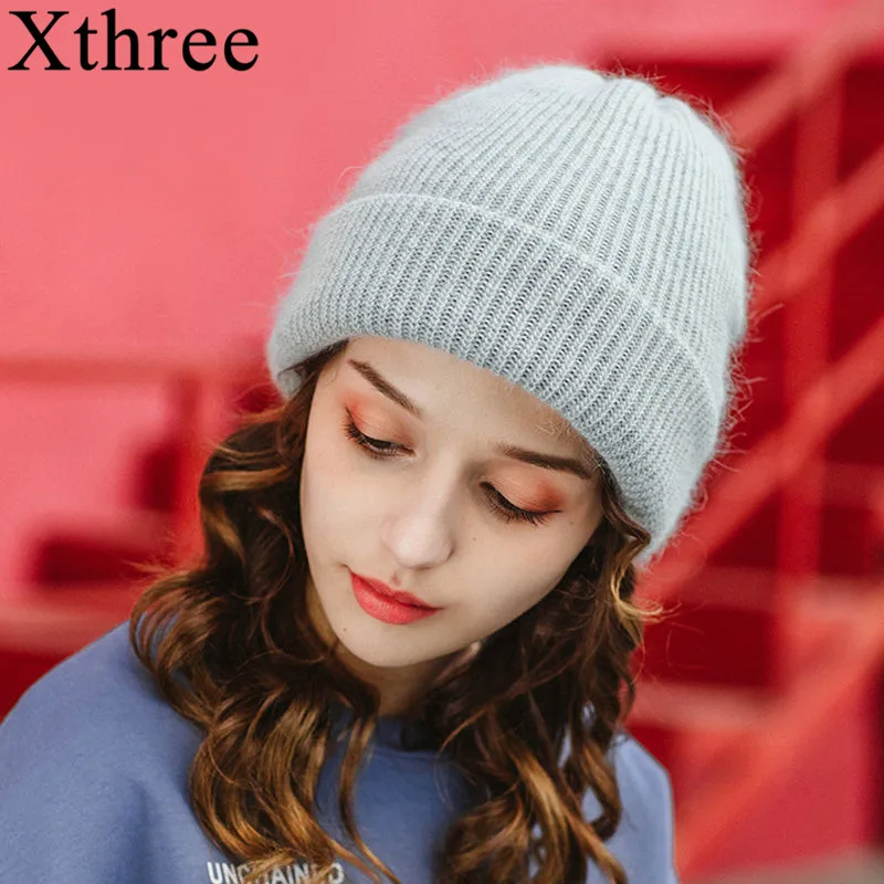 Xthree Beanie Hat for Women Winter Hat Knitted Rabbit Fur Skullies Hat Warm Bonnet Cap Female Hats for Girl