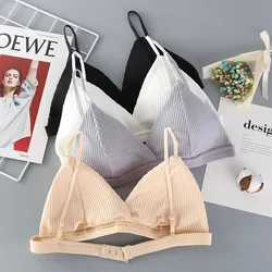 Women Cotton Push-Up Bra Ribbed Triangle Cup Bralette Wire-Free Bras Ladies Sexy Lingerie Simple Low Back Single Hook Underwear