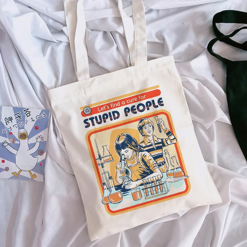 Let\'s find a cure for stupid people Devil Letter Print Women Canvas Large Capacity Vintage Harajuku Cartoon Casual Shoulder Bag