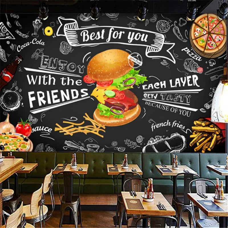 Custom  Burgers Western Fast Food Restaurant Black Background Wall Mural Wallpaper 3D Snack Bar Hamburger pizza Wall Paper 3D