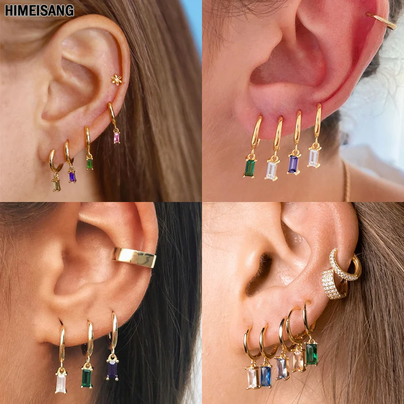 Silver Gold Plated Rectangle Drop Hoop Earrings  for Women CZ Zircon Circle Huggie Long Ear Rings Dangle Earring Jewelry Aretes