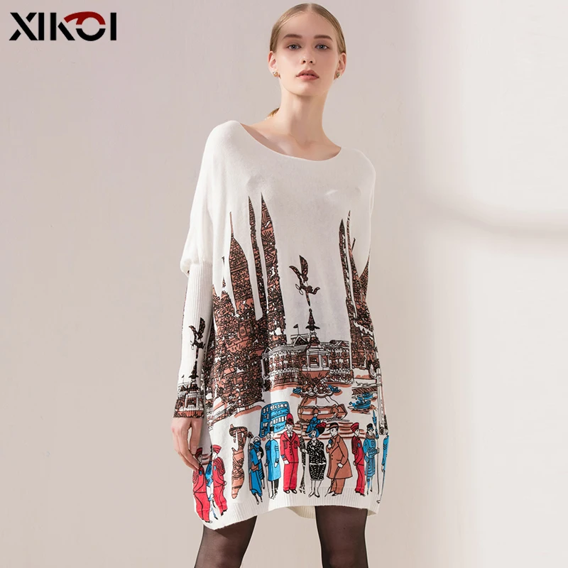 Oversized Sweater Women Pullover City PrintDress Winter Pull Knitted Cloth Loose Long Batwing Sleeves Casual sueter mujer
