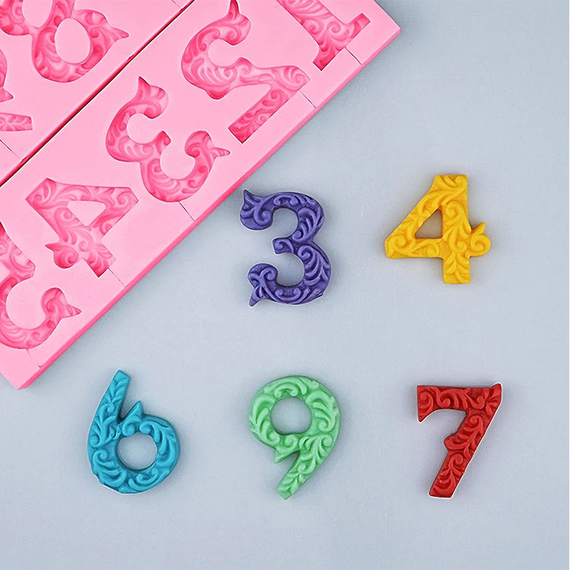 Number 0-9 Silicone Mold 3D Embossed Fondant Chocolate Mold with Stick Hole for Birthday Cake Decorating DIY Baking