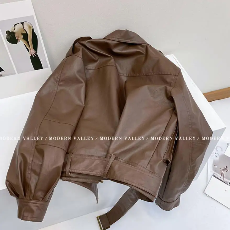 Autumn winter 2023 new vintage thick PU leather jacket for women fashion lapel pocket short motorcycle Biker faux leather jacket