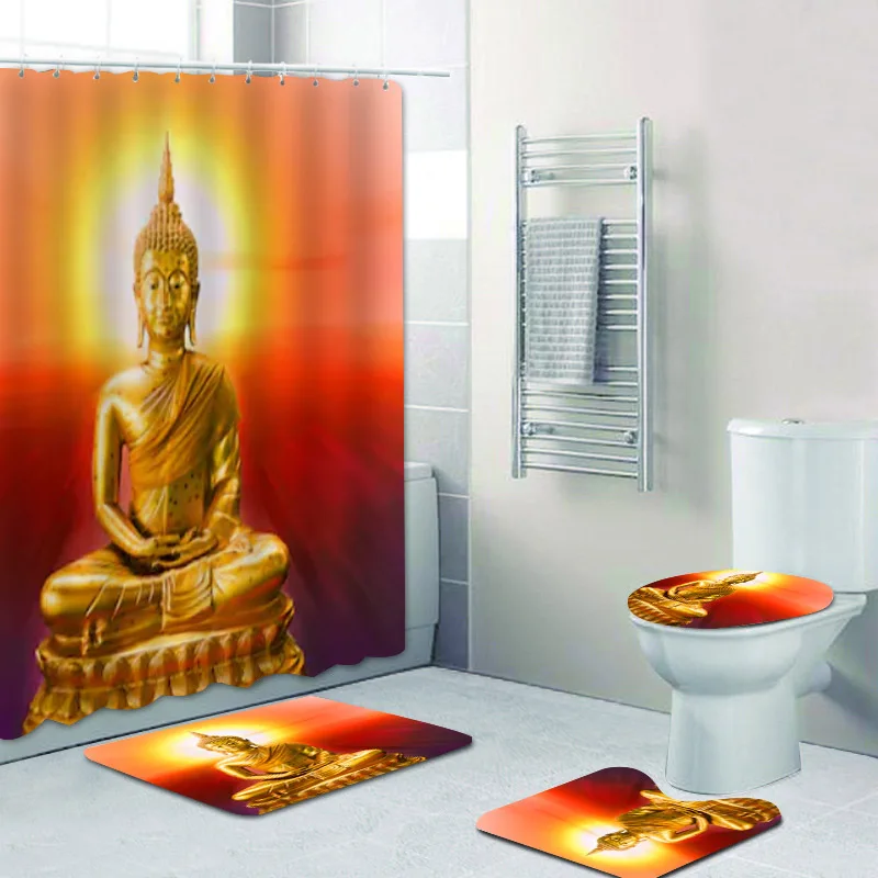 Ancient Gold Buddha Statue with Aura Shower Curtain Set Waterproof Buddhism Bathroom Curtain for Buddhist Home Decor Gifts Mat