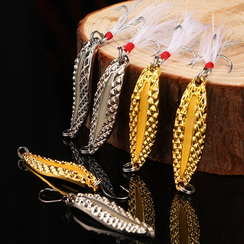 10Pcs Metal Spinner Spoon Fishing Lure Gold Silver Rotatable Hard Bait For Trout Pike Peche Feather Treble Hook Tackle