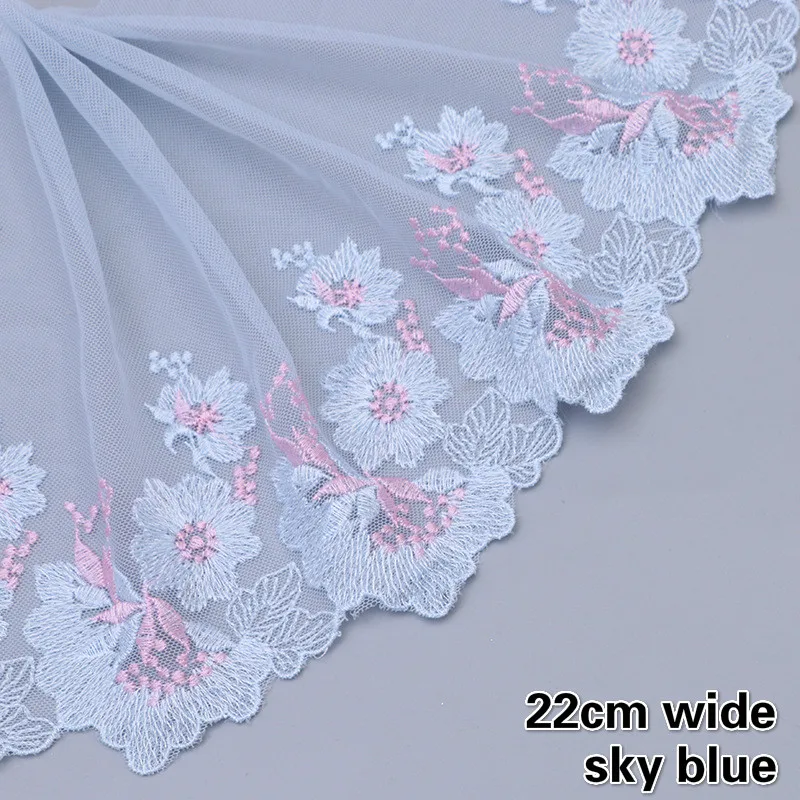 Hot Sale Sky Blue Mesh Embroidery Tulle Lace Doll Dress Skirt Sewing Clothing Fabric Home Textile Curtain Trim Hem Decoration