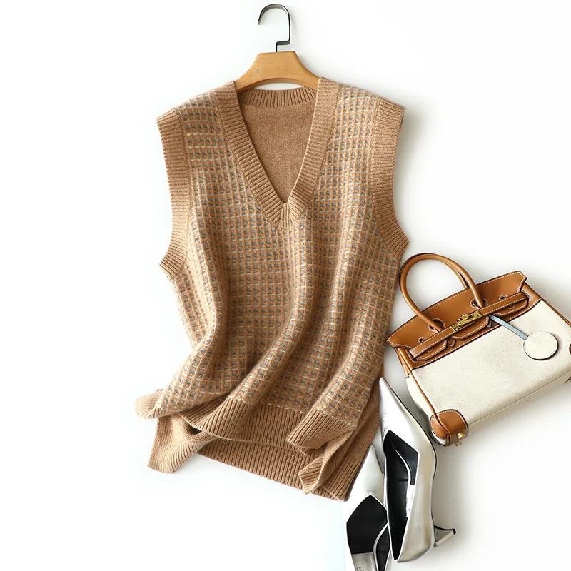 

europe new designs plaid 100% cashmere sweater v neck star fashion double layer jumper tops