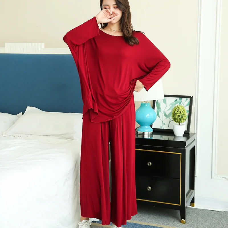 PLUS size home suits women autumn new loose long-sleeved pajamas two-piece set nine-point wide leg pants pijama sleepwear femme