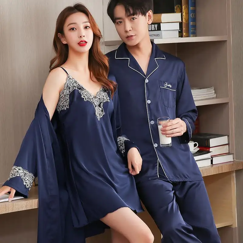 

Lovers Couple Silk Pajamas Men Male Long Sleeve Sleepwears Pyjama 2pc Set Home Clothes Pijamas Para Parejas Shirt Trousers Pants