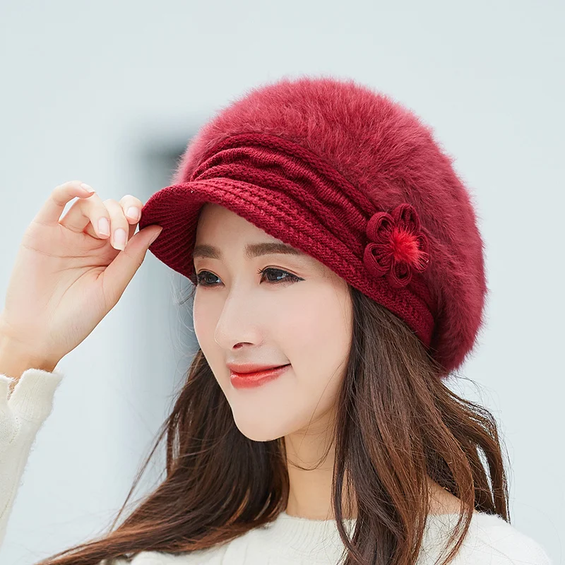 warm Girl Winter Autumn beret hat for women Wool knitted hat for mom Rabbit fur beret solid fashion lady cap fall hat Female cap