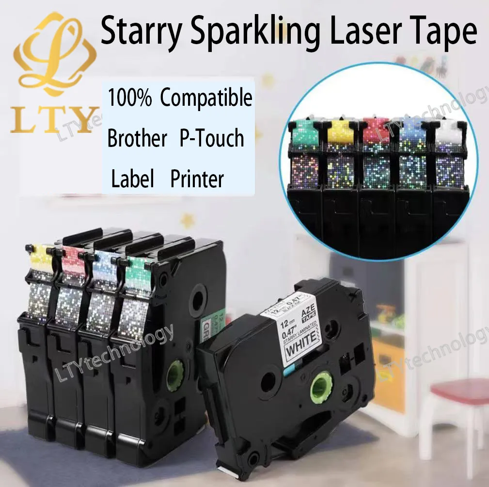 Laminated Colorful Glitter Starry Sparkling Laser Checkered Label Compatible for Brother P-Touch PT-D210 PT-H100 TZe-231