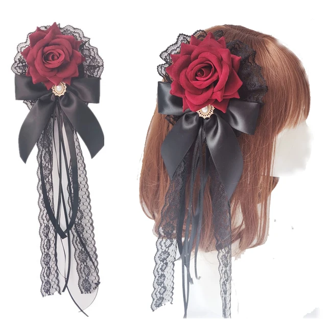 Welon Pałacowy Styl Lolita Akcesoria do włosów Róża Spinka do włosów cla Gothic Lolita Ręcznie robione ciemne nakrycie głowy ...