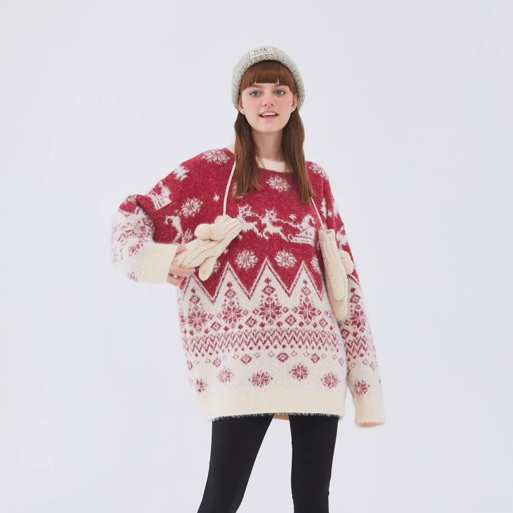 

Long Sleeve Kawaii Cartoon Couple Clothes Knitted Retro Sweater Harajuku Women Clothing Pull Homme Tops Nice Pullover Spring Red