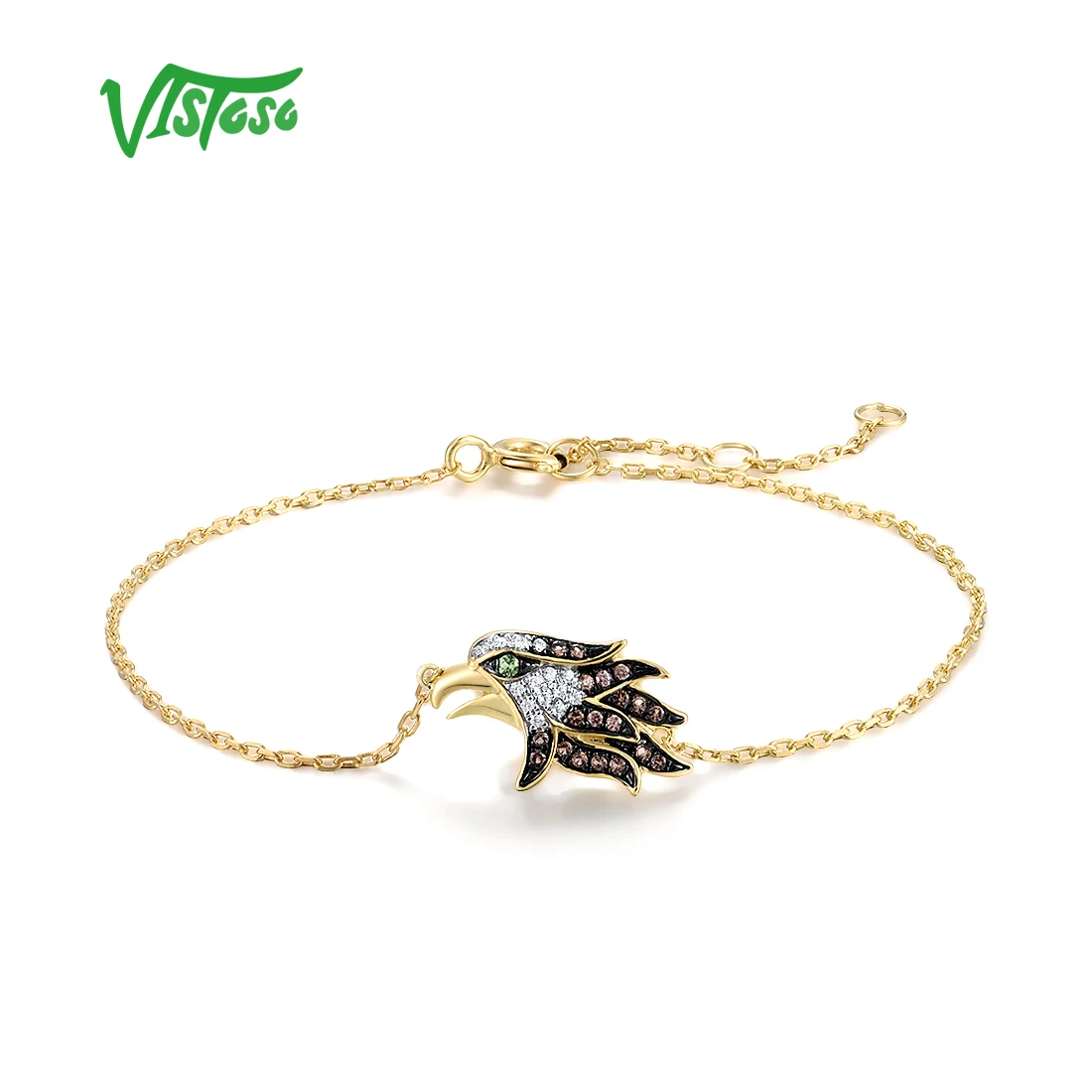 VISTOSO Genuine 14K Yellow Gold Bracelet For Woman Green Garnet Diamond Brown Eagle Bracelet Animal Trendy Gifts Fine Jewelry