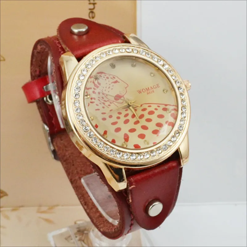 Womage Watch Fashion Vintage Women Watches Leopard Watches Crystal Watches Women Leather Band Quartz Wristwatch Reloj Mujer