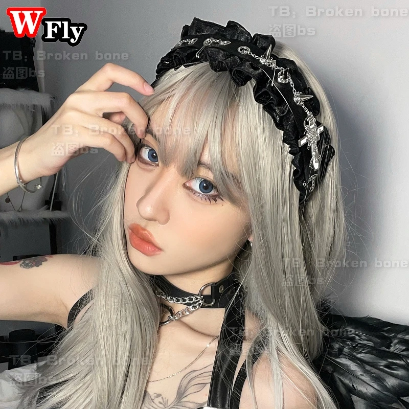 Y2K Women Girls Punk Lace Rivet Chain headband Hair bands Headdress Gothic Lolita cosplay Hair hoop Hop hip hair accessories