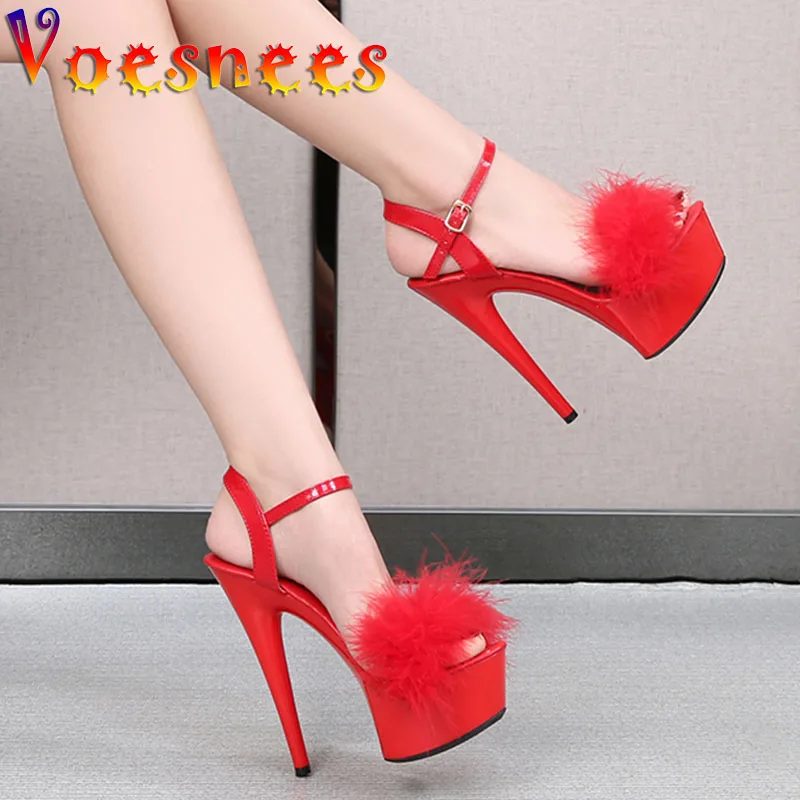 Fashion Up Fur Ultra High Women Sandal New Design Platform Night Club Dance Shoes Summer Pure Colour Buckle Strap High Heels