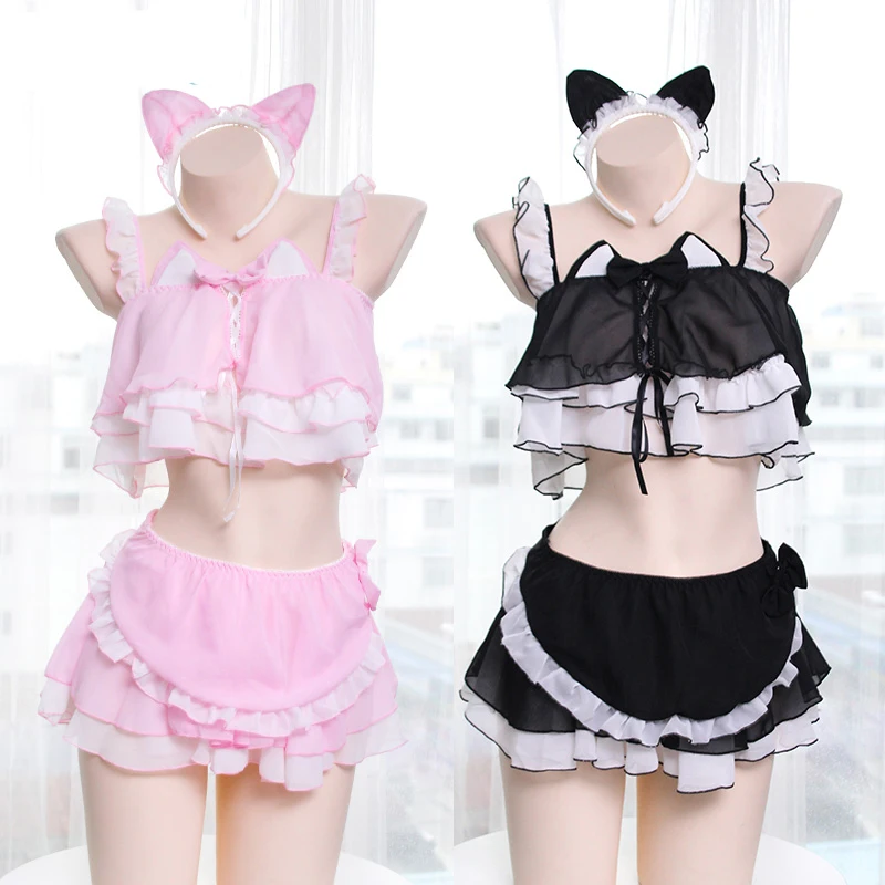 Sexy Lolita Women Anime Lingerie Set Kawaii Cat Girls Ruffles Camisoles Underwear Set Japan Cosplay Sleepwear Night Skirt