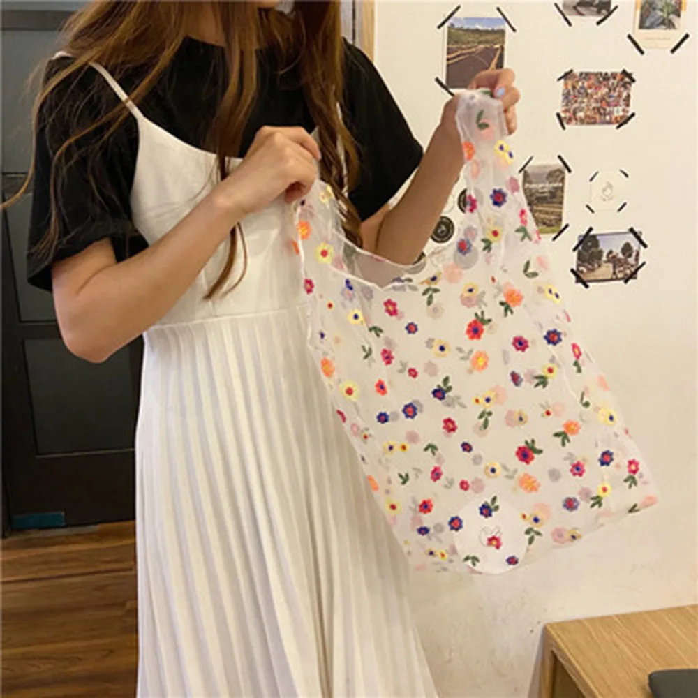 Spring Summer Female Flower Embroidery Hand Bag Organza Casual Tote Mesh Summer Floral Tote Bags Eco-friendly Mesh Handbag