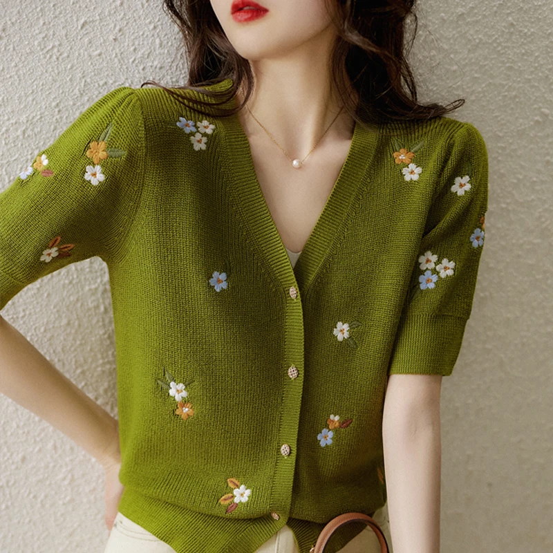 

Summer Women Green Knit Cardigan Sweater Short Sleeve Flower Embroidery Knitted Sweater Blusas Mujer De Moda 2024 Cardigans E980