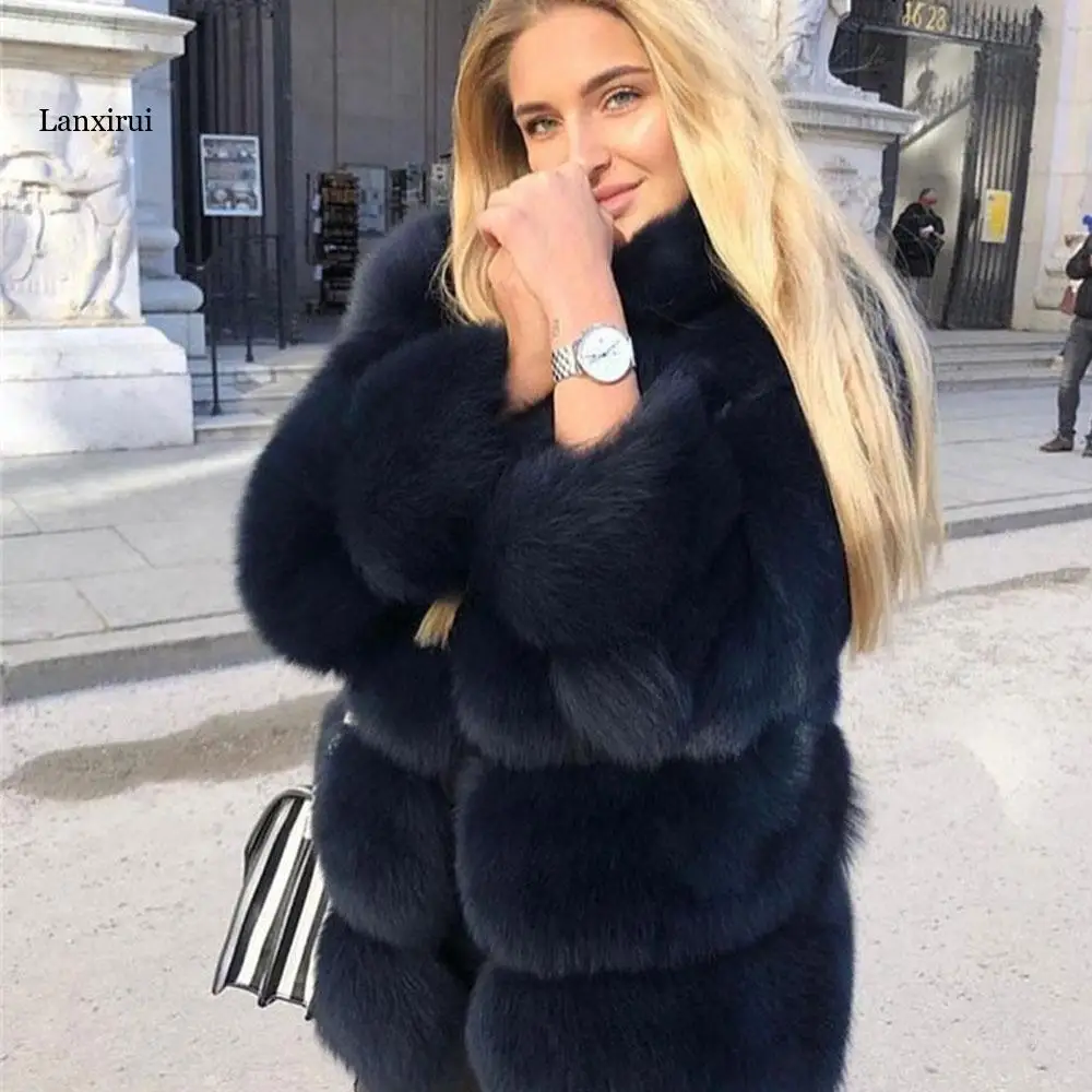 Winter Fake Fox Fur Coat Women Winter Thick Fur Coat Real Fox Fur Jacket With Stand Collar Overcoat Female Ladies Furs Jacket