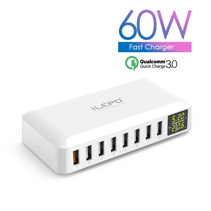 ILEPO 8 Ports 60W QC3.0 Fast Charger With Cable Charger Station US AU EU UK KR Plug Quick Charger For iphone ipad PC Kindle