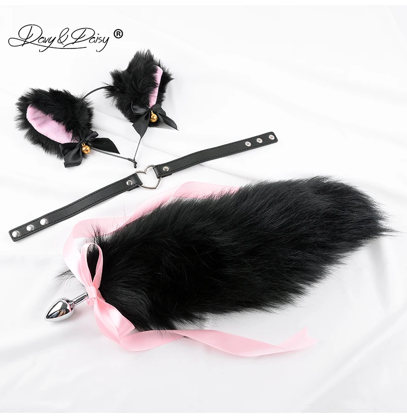 DAVYDAISY Cute 3 Pieces Anal Plug Set Choker Cat Ears Fox Tail Butt Plug Anal Toy Butt Toy Tail Plug Cosplay Adult Toy AC120