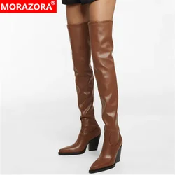 MORAZORA Size 34-43 New Genuine Leather Over The Knee Boots Women Stretch High Heels Thigh High Boots Fashion Ladies Long Shoes