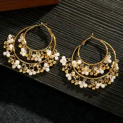 Classic Retro Gold Color Round Alloy Pearl Beads Tassel Earrings For Women Bohemia Jhumka Earrings Indian Jewelry Oorbellen