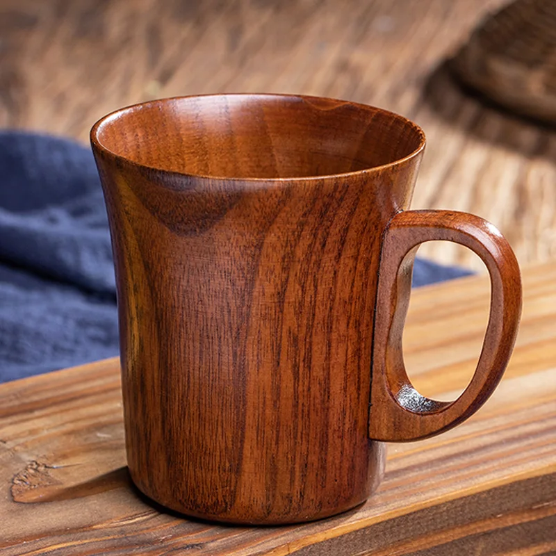 280ml Wood Coffee Mug Retro Hand-made Wooden Beer Mug Coffee Tea Cup with Handle Solid Wood Cups and Mugs Home Office Drinkware