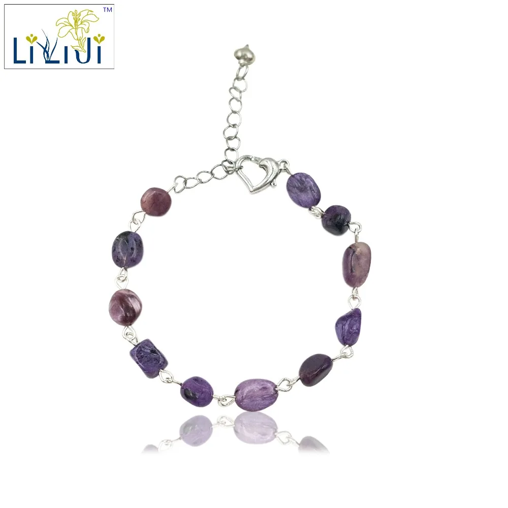 

Lii Ji Unique Natural Stone Charoite Nugget shape wire handwork Fashion Bracelet Heart shape Clasp Nice Gift for Women