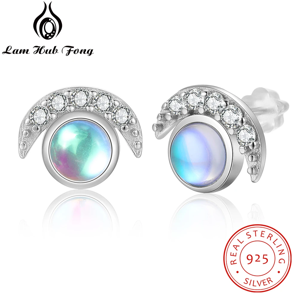 Moon Moonstone Earrings 925 Sterling Silver Stud Earrings for Women korean CZ Earrings Wedding Statement Jewelry (Lam Hub Fong)