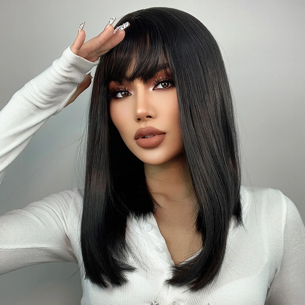 Medium Straight Black Bob Synthetic Wig with Bangs Short Honey Brown Wigs for Woman Auburn Natural Hair Daily Wig Heat Resistant