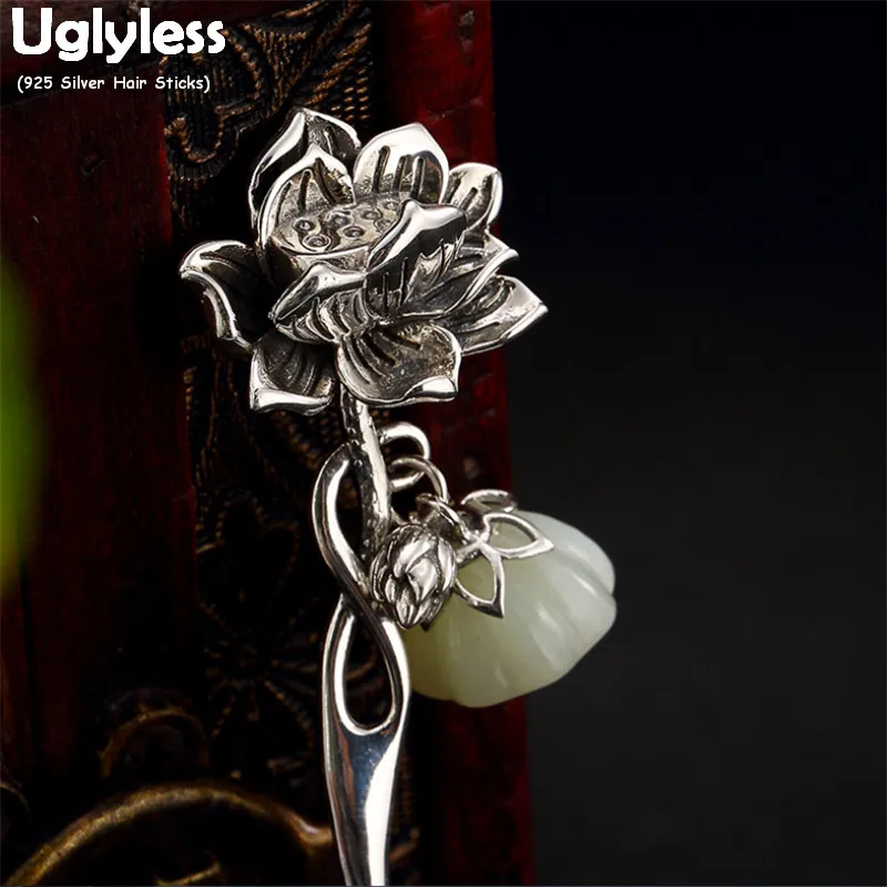 

Uglyless Retro Thai Silver Lotus Hair Decorations for Women Solid 925 Silver Hair Sticks Eastern Beauty Jade Lotus Hair Jewelry