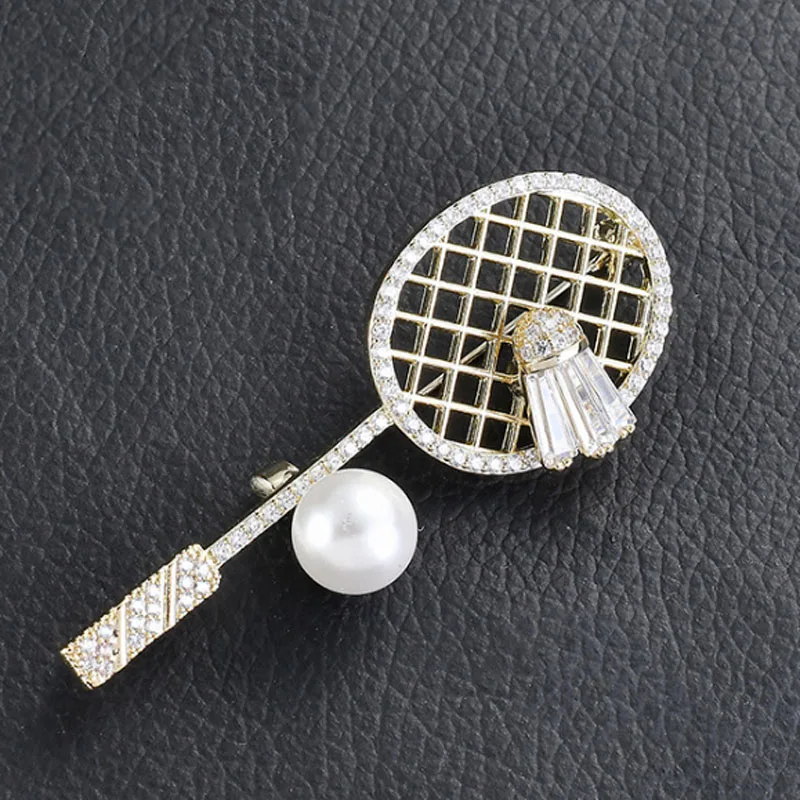 

zlxgirl jewelry metal copper pave zircon Badminton racket shape brooches jewelry brand women's pearl bridal scarf pins gifts