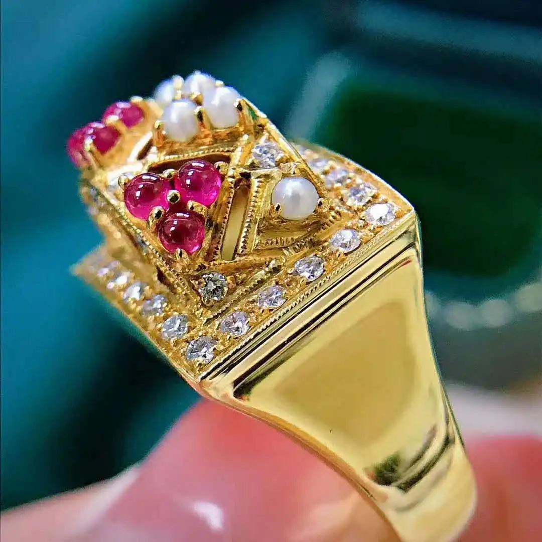 New luxury Gold Color Double Layer Micro-inlaid Zircon Ring Exaggerated Red Garnet Pearl Plated 18k Yellow Gold Rings For Women