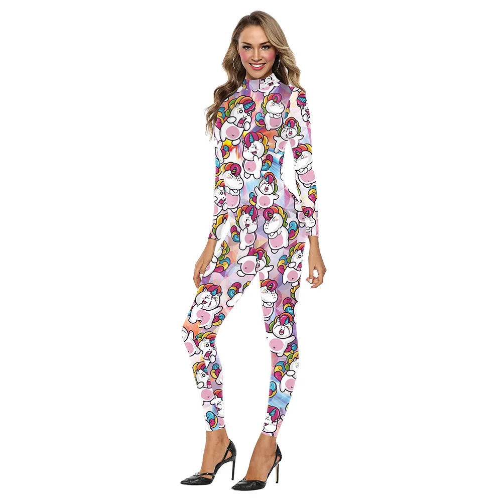 FCCEXIO-monos con estampado de unicornio de arcoíris para mujer, monos sexys con cremallera trasera, monos ajustados para fiesta, monos largos