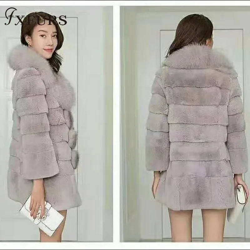 FXFURS-Veste longue en fourrure de lapin Rex pour femme, pardessus chaud, colliers en fourrure de renard, rayé, russe, décontracté, hiver, nouveau, 2020